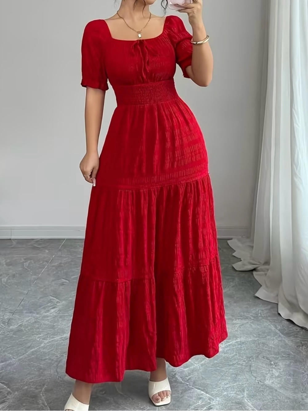 Smocked Waist Red Maxi Dress with Square Neck